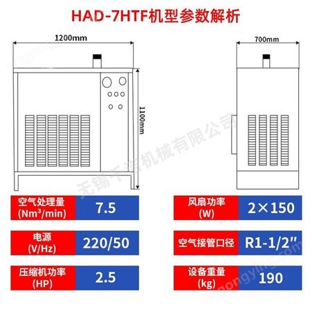 汉粤冷干机冷冻式干燥机HAD-7HTF高温高配冷干机厂家