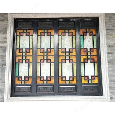森雕厂家供应中式满洲窗岭南风格门窗木质花格屏风彩色玻璃窗满清花窗