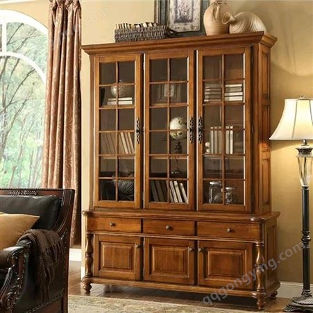 森雕新中式实木书柜组合书房家具玻璃门对开带抽屉防尘柜