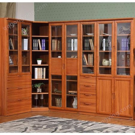 森雕新中式实木书柜组合书房家具玻璃门对开带抽屉防尘柜