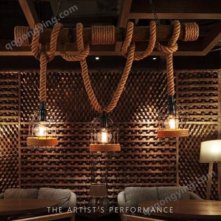 北欧简约复古创意麻绳吊灯OFT三头竹筒田园风餐厅咖啡屋吊灯
